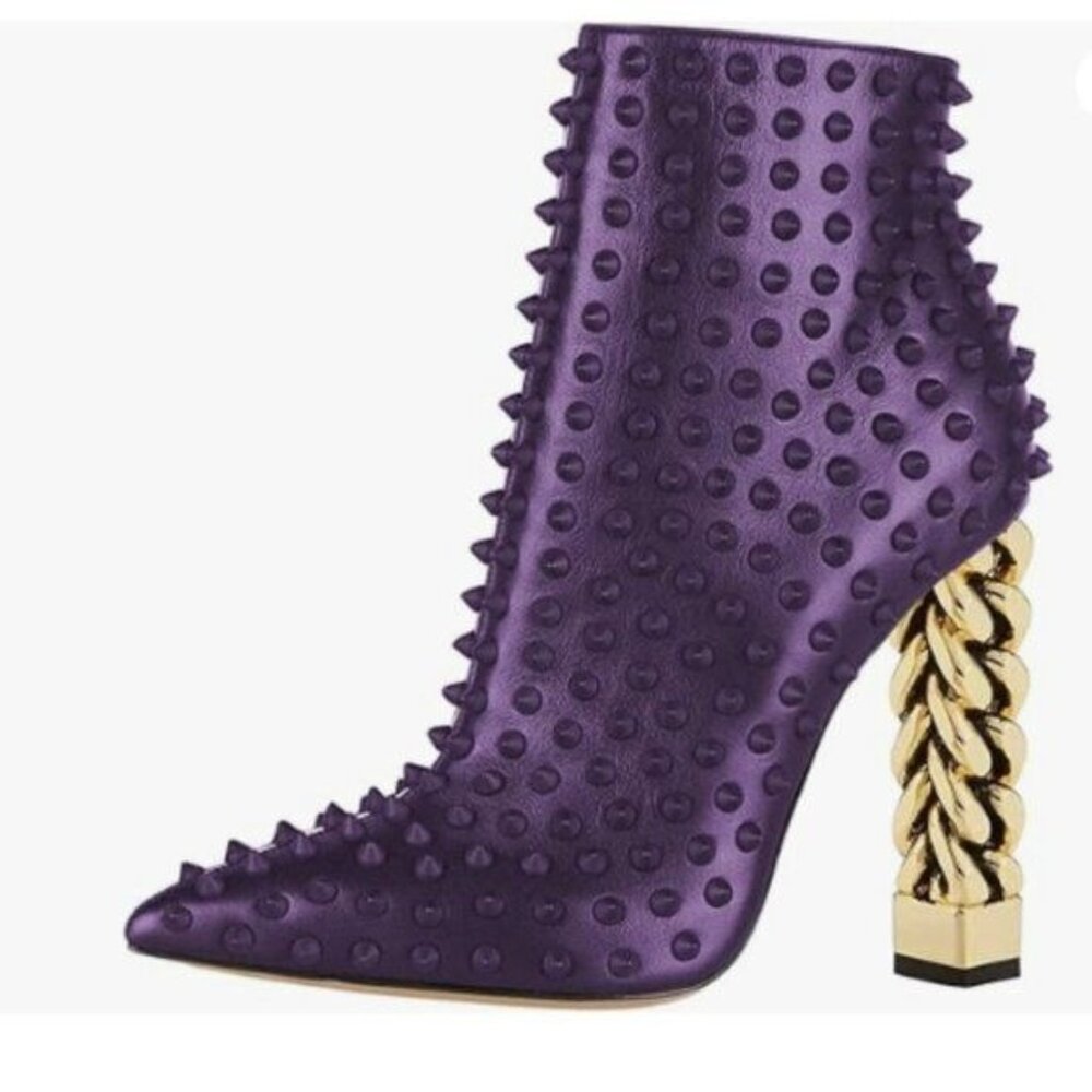 FSJ Women Trendy Pointed Toe Ankle Boot Block Chunky Gold High Heel Purple Shoes